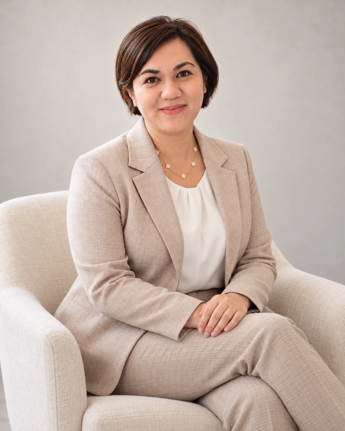 Ivana seated comfortably in an ivory armchair