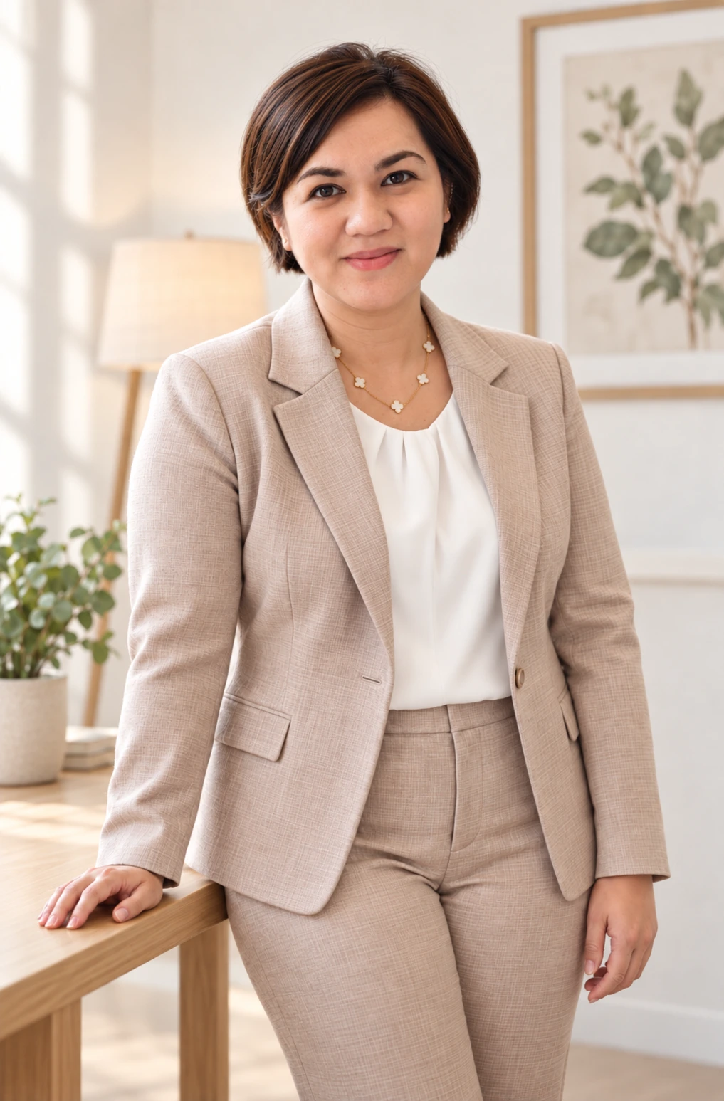 Ivana smiling warmly beside an oak table in a softly lit room